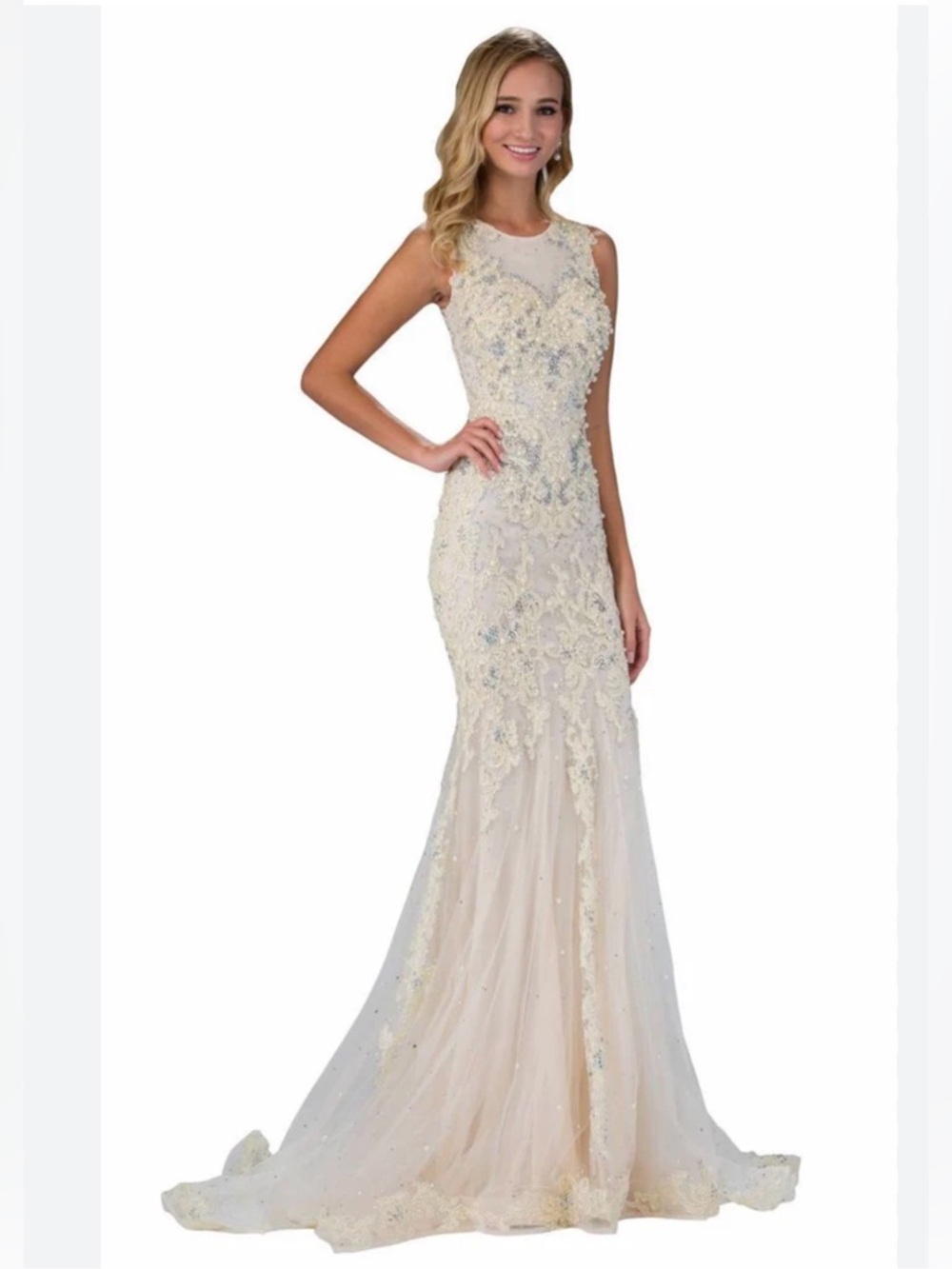 Cream Pearl Beaded Lace Mermaid Gown